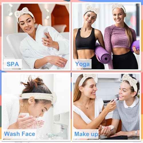 Tigeen 52 Pieces Spa Headband for Washing Face Bulk Soft Coral Fleece Skincare Headband, Bow Makeup Cosmetic Hairband Fluffy Shower Spa Essentials for Girls Women Slumber Supplies(White,Solid Series)