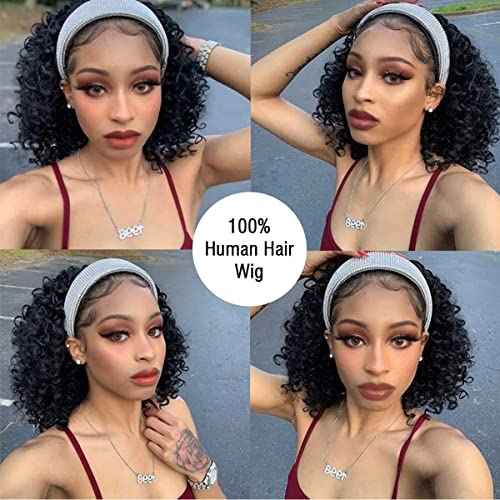 Short Curly Headband Wigs Human Hair Wig for Black Women, Glueless Kinky Curly Weave Wigs 100% Unprocessed Hair None Lace Front Wigs Color 1B 150% Density (14", 1B, Curly)