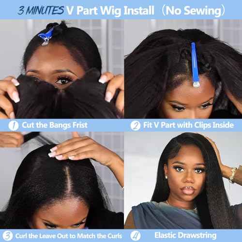 Cheetahbeauty Kinkystraight V Part Wig Human Hair with Elastic Drawstring 18 Inch No Leave Out Lace Front Wigs Upgrade Glueless U Part Wigs 180% Density Yaki Straight Half Wigs for Women Natural Color