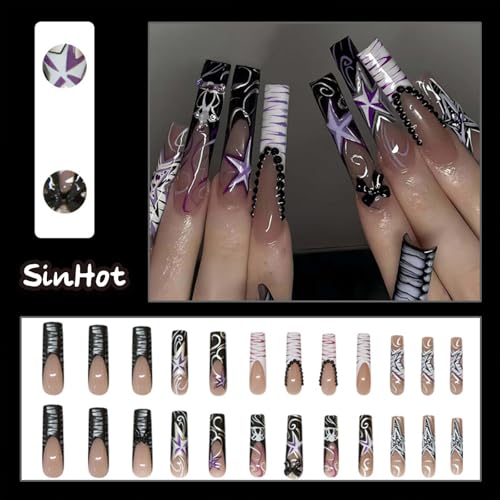 SINHOT Square Press on Nails Long Fake Nails Glossy Glue on Nails Zebra Stripes Acrylic Nails 3D Bowknot Squoval Artificial Nails Purple Star Stick on False Nails with Design 24 pcs