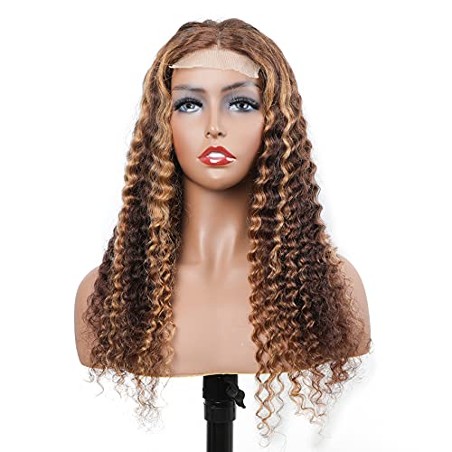 BLY Highlight Human Hair Lace Front Wigs Deep Wave #4/27 Ombre Colored Glueless Wigs Pre Plucked 16 Inch 4x4 Transparent Curly Water Wave Lace Wig Honey Blonde Real Human Hair 180% Density