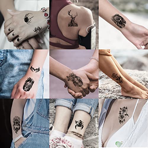 82 Sheets Temporary Tattoo for Men Women Adults, Include 12 Sheets Black 3D Half Sleeve Temporary Tattoos, Halloween Tattoos Scary Lion Wolf Tiger Skull Skeleton Tattoos Stickers