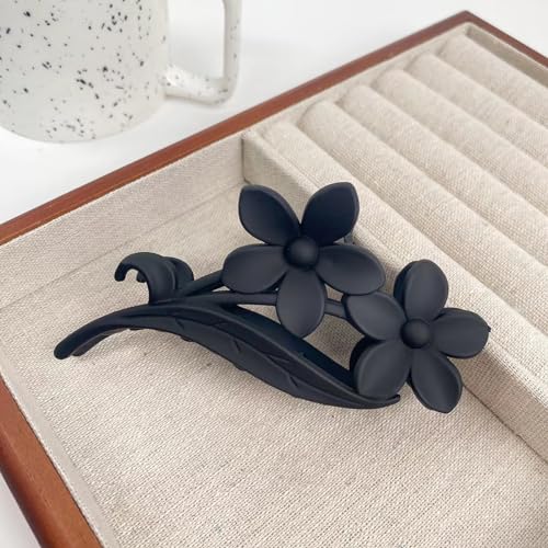 Black Flower Hair Claw Clips - 1Pcs Large Matte Twin Flower Design Hawaiian Hair Accessories Strong Hold Non Slip Shark Clamp Hairpins Barrette for Women & Girls