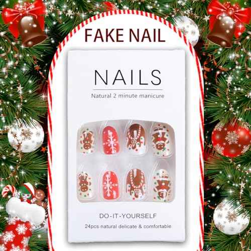Christmas Press On Nails Short Almond Fake Nails White Brown False Nails With Snowflake Gingerbread Man Design Glue On Nails Full Acrylic Stick On Nails Xmas Artificial Nails For Women 24Pcs