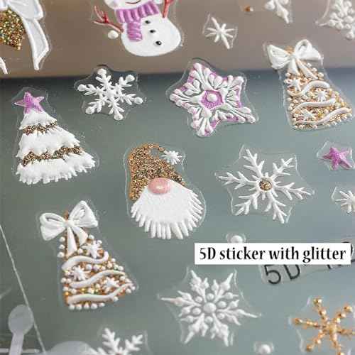 Christmas Nail Art Stickers Snowflake 5D Embossed Nail Decals 8PCS Gold Silver Glitter Snowman Christmas Tree Bell Cane Bear Nail Design Winter Nail Decoration for Acrylic Nails Manicure Decorations