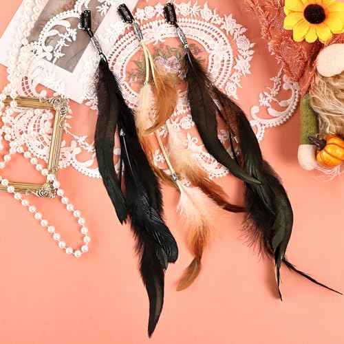 Feathers Hair Extensions for Women Boho Clip-in Hair Feather Accessories for Carnival Halloween Party Performances Photo Shoots, Brown Black Dark Coffee(3 Pcs)