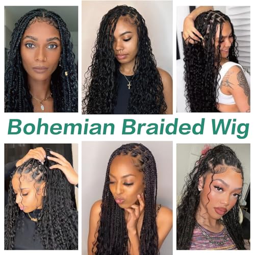 Boho Box Braid Knotless Goddess Locs Wigs with Curly Ends Double Full Lace Square Synthetic Braided Wigs with Baby Hair for Woman Natural Black 36 Inch