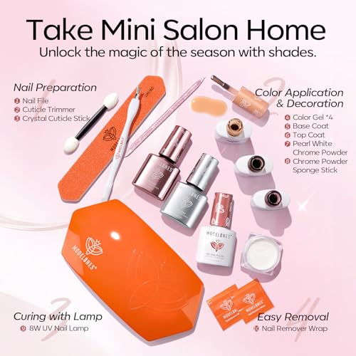 Modelones Jelly Gel Nail Polish Kit with UV Light, Fall Sheer Pink Nude Red Brown Jelly Gel Polish with Base Top Coat Pearl Chrome Powder 4 Transparent Colors Mini Salon Nail Art Gift for Women Girls