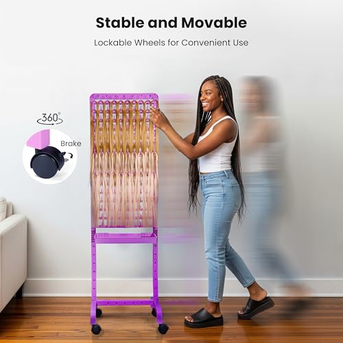 Braiding Hair Rack 280 Pegs with Tray and Braid Tools, Mobile Braid Rack with Wheels, Height Adjustable, Standing Braider Rack Stand Separator Hair Extension Holder Hanger for Salon Home