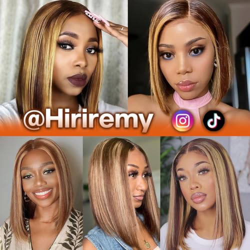 Bob Wig Human Hair 13x4 HD Lace Frontal Short Straight Lace Front Bob Wigs for Black Women Human Hair Pre Plucked Glueless Side Part 180% Density Ombre Highlight 4/27 12 Inch