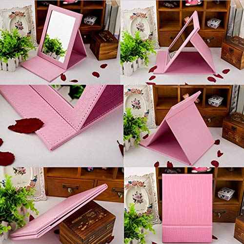 Portable Folding Vanity Mirror,Desktop Folding Mirror with Adjustable PU Leather Stand-Pink
