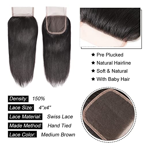 Liang Dian Straight Bundles With Closure Human Hair 12 12 12 12 +12 Inch Human Hair Bundles with Closure Straight 12 A Brazilian Virgin Hair 100% Unprocessed Quick Weave Hair Natural Color