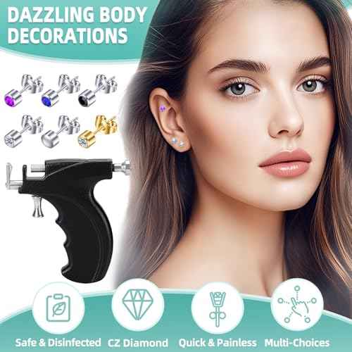 Professional Ear Piercing Gun Kit with 18 Pairs of CZ Stones Stud Earrings and Pro Black Ear Piercing Gun 8 Alcohol Pads for Salon and Home Use