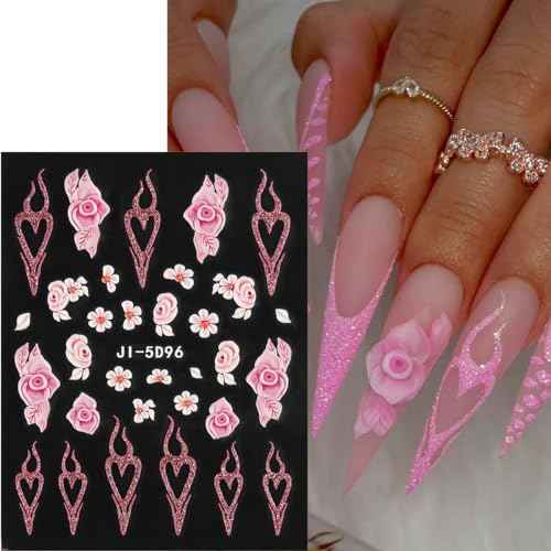 5D Embossed White Flowers Nail Stickers, 5 Sheets Self-Adhesive Floral Nail Decals, Spring Rose Butterfly Nail Art, 3D Acrylic Flowers for Manicure Decor