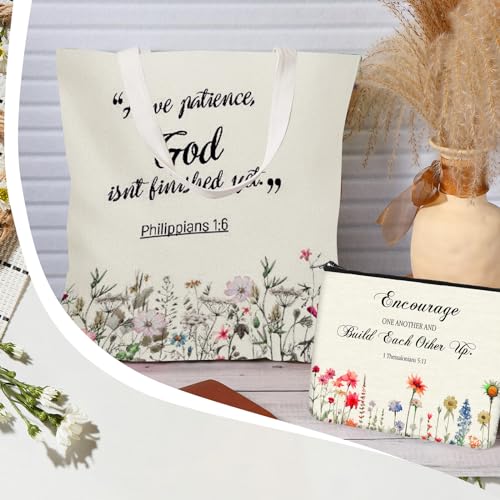 Locmeo 20 Pcs Christian Gift Women Including 10 Bible Verse Tote Bags 10 Christian Makeup Bags Christmas Inspirational Religious Scripture Gifts for Church Xmas Valentine(Classic)
