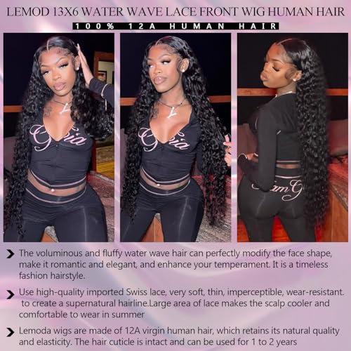 Lemoda 13x6 Water Wave Lace Front Wigs Human Hair 20 inch HD Lace Brazilian 15A Deep Wave Frontal Wigs 180% Density 13x6 Curly Human Hair Wig with Baby Hair Glueless Water Wave Wig For Black Women