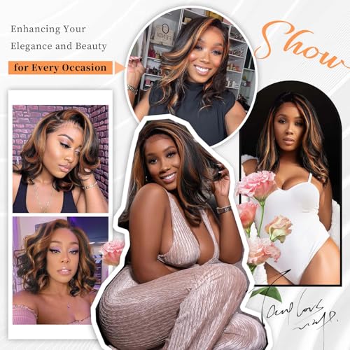13x6 Highlight Body Wave Lace Front Wigs Human Hair 200% Density FB/30 Ombre Frontal Wigs Human Hair Pre Plucked Short Wigs for Black Women Glueless Balayage HD Lace Wig Loose Wavy 12 inch