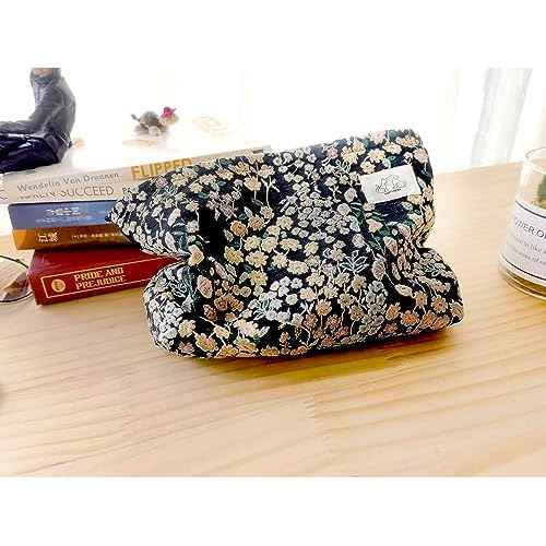 HAPPYHEIDI Women Aesthetic Travel Makeup Bag Accessory Zipper Pouch for Cosmetics, Purse Organizer, Embroidery Lucky Flowers Black
