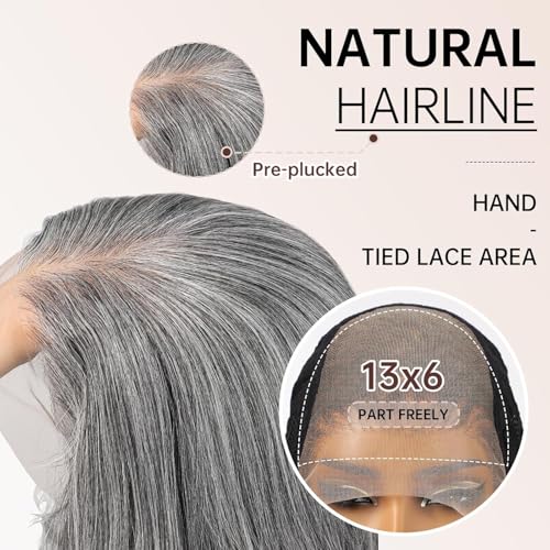 Allbell 13x6 Grey Lace Front Wig for Black Women,Glueless Synthetic HD Lace Wigs,22Inch Body Wave Hair Replacement