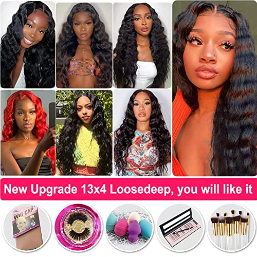 JIETAI 13x4 Loose Deep Wave Curly Lace Front Wig Pre Plucked with Baby Hair 180% Density Curly Human Hair Wigs 10A Wigs for Black Women Glueless Wig (22inch, Natural Color)