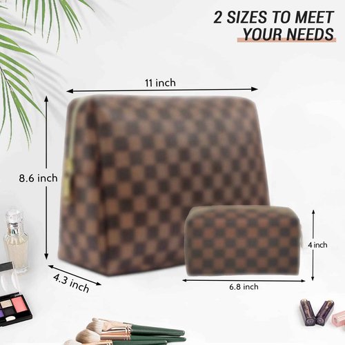 Butofinus Checkered Makeup Bag, Portable Leather Cosmetic Bag, 2 Pcs Waterproof Travel Toiletry Bag for Women