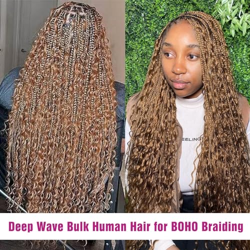 Honey Human Hair Deep Wave Bulk for Braiding - 27# Color No Weft Curly Extensions for Boho Braids, Wet and Wavy (22 Inch, #27, 100g)