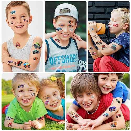 Temporary Tattoos for Kids, 75 PCS Truck Tattoos for Hot Wheel Birthday Party Decoration Favor, Metallic Tattoos, Monster Truck, Car Racing, Checkered Flag, Flames Tattoo for Boys Girls