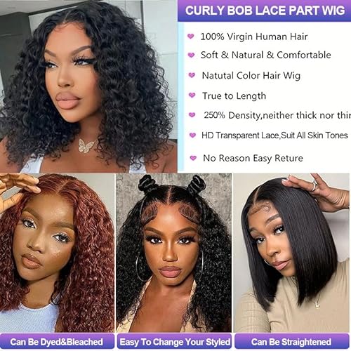 250 Density Short Water Wave Wig Bob Wig Human Hair Glueless HD Transparent Lace Frontal Human Hair Wigs 13x4 Water Wave Frontal 14 Inch Curly Bob Wig Human hair Wet and Wavy