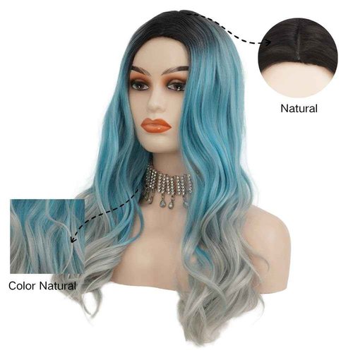 Siudus Ombre Blue Curly Wigs for Women Dark Root Long Wavy Middle Part Hair Wig Heat Resistant Fibre Cosplay Costume Halloween Wig