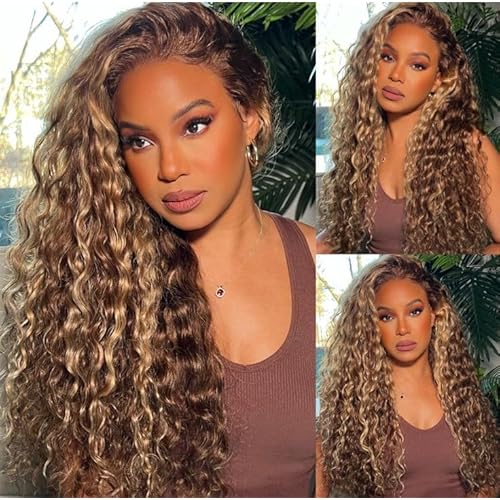 20 Inch Highlight Ombre Deep Wave Lace Front Wigs Human Hair Wig 13x6 Honey Blonde Wig Human Hair HD Glueless Deep Wave Wig 4/27 Colored Wet and Wavy Curly Wig Pre Plucked for Women