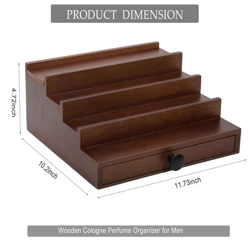 Fengligoo Walnut Cologne Organizer for Men - 4 Tier Wooden Cologne Perfume Display Stand with Drawer and Hidden Compartment, Mens Cologne Holder Shelf for Organizing and Storing