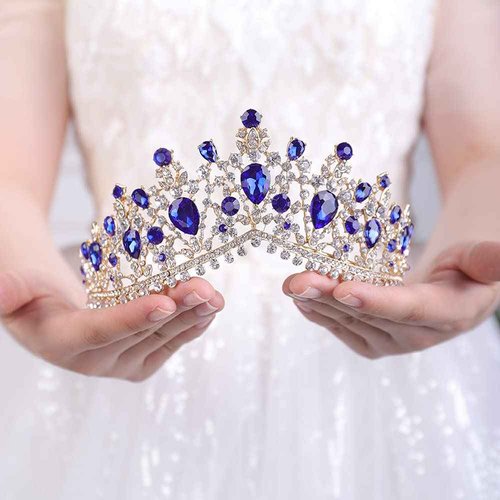 Wekicici Wedding Crown Emerald Crystal Rhinestone Tiara Blue Bridal Princess Tiara Headbands Hair Accessories for Bride Party Bridesmaids Birthday Prom Halloween Costume Cosplay Gifts(Blue)