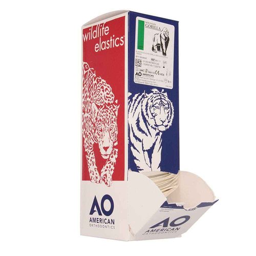American Orthodontics Elastics Wildlife Gorilla | Medium, 4.5 Oz, 3/16" Size, 100 Packs Per Box, 10,000 Total | Made in The USA | Exacting Dimensions, Precision Cutting, Top Quality Latex Tubing