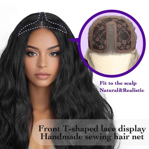 Macodio 26Inch Black Wavy Synthetic fiber Wigs Hand Tied Glueless Natural Density Preplucked Hairline for Daily Party Use (Style 1)