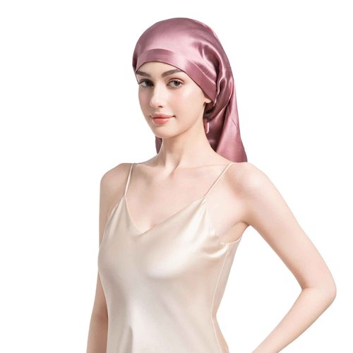 FATEGEART 19 Momme 100% Mulberry Silk Cap for Sleeping Women,Adjustable Long Silk Bonnet for Curly Hair Elastic Night Cap (US, Alpha, One Size, MauvePink)