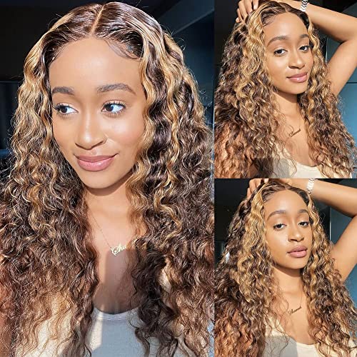 Ombre Honey Blonde Wear and Go Glueless Deep Curly Wave Lace Front Wigs Human Hair Highnight HD Lace Front Wigs Human Hair 4/27 Frontal Wigs Human Hair Curly Wigs 200% Density 16 Inch
