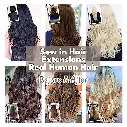 Sew in Hair Extensions Real Human hair, Silky Soft &Shiny Double Drawn Weft Hair Extensions human hair, Thick ends&Tangle Free Human hair extensions sew in,100g Straight Natural Black,18 inch