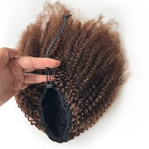 Afro Puffy Human Hair Ponytail Extensions Drawstring 100% Real Remy Hair Afro Kinkys Curly Bun Extension With Two Combs #4 Medium Brown 10 Inches