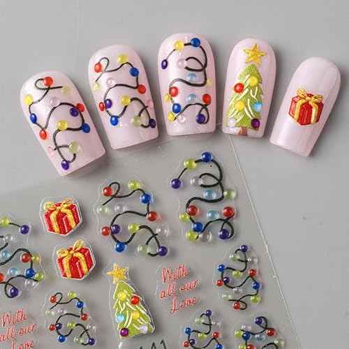 Christmas Nail Stickers 5D Embossed Nail Decals DIY Self Adhesive Nail Design Sticker Christmas Tree Nail Decoration Supplies Holiday Manicure Accessories for Women Girls 3Pcs