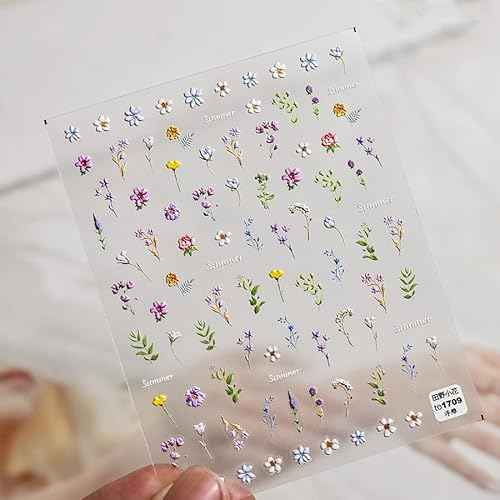 Flower Nail Stickers for Nail Art - Flowers Nail Art Stickers Summer Floral Leaf Plant 5D Embossed Nail Decals Self-Adhesive Nails Supply Manicure Sliders Flower Stickers for Nails Decoration