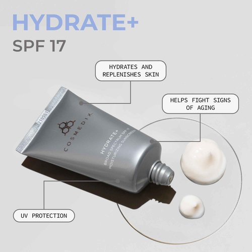 COSMEDIX Hydrate Plus Sunscreen with Broad Spectrum SPF 17 - Moisturizing Face & Body Sun Screen for Travel & Daily Skin Care - Sunblock for Skin Elasticity, Dewy & Radiant Glow, No White Cast
