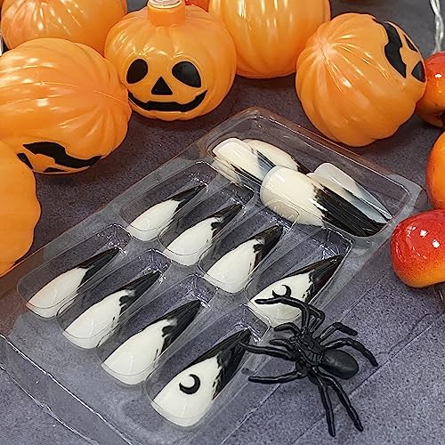 Halloween Press on Nails Stiletto Fake Nails with Night Moon Designs Stick on Nails Full Cover Black Halo Staining Artificial Nails Dark Glossy Glue on Nails for Women Girls 24PCS