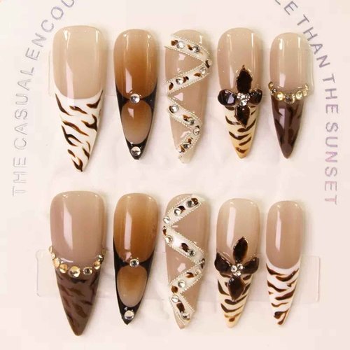 100% 5D Handmade Press on Nails with Charms Long Stiletto Nails Press ons- Fall False Nails Leopard French tip Press on Nails Autumn Fake Nails for Women Girls Daily Wear DIY Manicure Size M