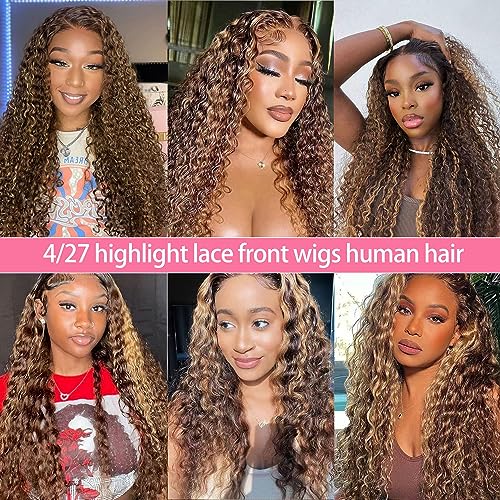 Highlight Ombre Lace Front Wig Human Hair 13x4 HD Honey Blonde 4/27 Deep Wave Lace Frontal Wigs Glueless Wigs Human Hair Pre Plucked with Baby 26 Inch