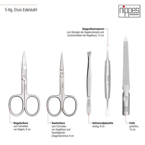 Nippes Solingen Manicure Set, 5-Piece, Stainless Steel and Nickel Free, Genuine Brown Cowhide Leather Case Made In Soligen Germany