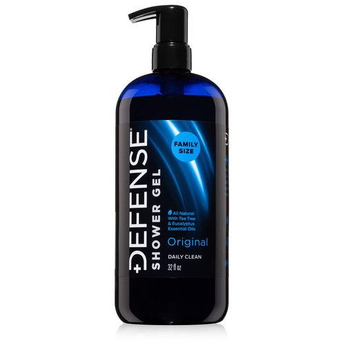 Defense Soap Body Wash 32 oz with Tea Tree, Eucalyptus, Rosemary & Aloe + Silicone Body Scrubber & Shower Hook | Complete Cleansing & Exfoliation Set for Athletes, Families, and Active Lifestyles