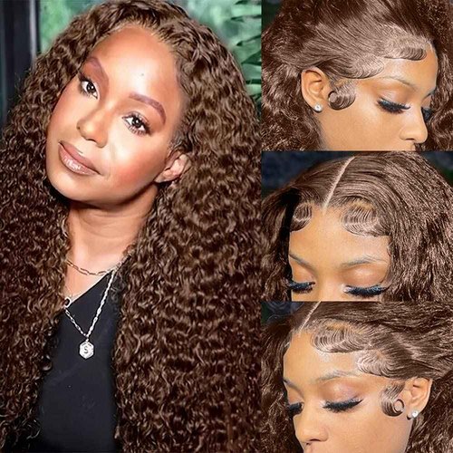 ghotool 250% Density Mongolian Curly Lace Front Wigs Human Hair 13x6 Auburn Brown HD Transparent Lace Front Wigs Human Hair for Women Chocolate Deep Curly Lace Front Wigs Human Hair