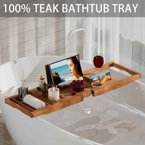 Premium Teak Bathtub Tray Caddy, Expandable Wooden Bath Tray for Tub,Luxury Bathroom Accessories,Great House Warming, Anniversary & Wedding and Birthday Gifts