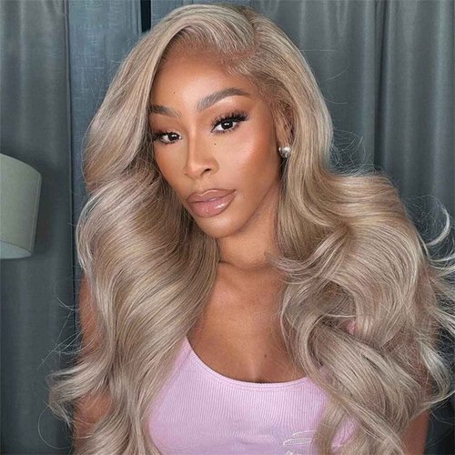Ash Blonde with Silver Gray Highlight Lace Front Wig Human Hair 180% Density 13x4 Body Wave Mini Knots HD Invisible Lace Wig for Women Glueless Milk Tea Brown Colored with Silver Blonde Wigs 22 Inch