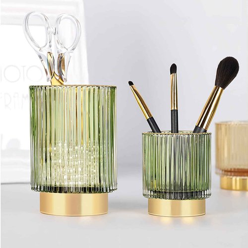 DASITON Makeup Brush holder Organizer, Crystal Cosmetic Makeup Brush Glass Brushes Storage Holder, Vintage Make Up Brush Cup Pen Pencil Holder striped vase(Green S+L)